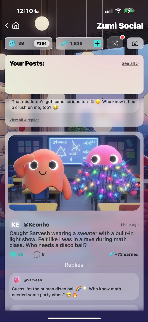 A generated school story featuring two Zumis and a holiday sweater covered in lights